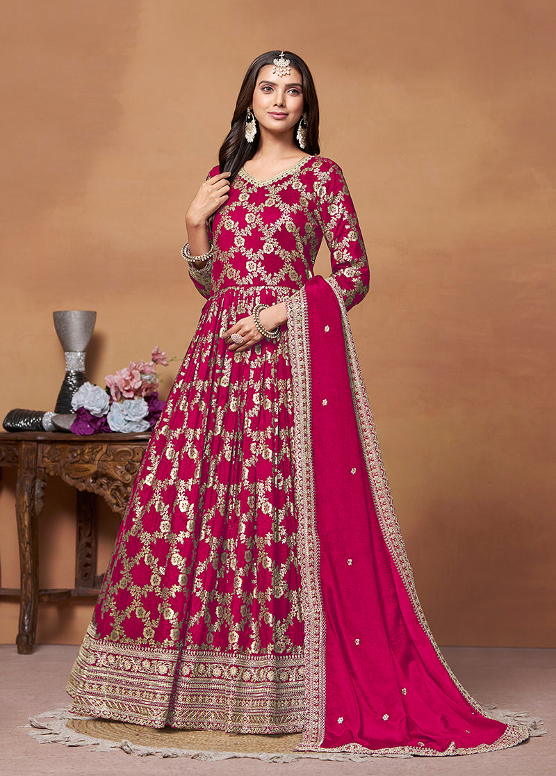 Monjolika Fashion Crimson Color Embroidered Santoon Silk Salwar Suit - Distacart
