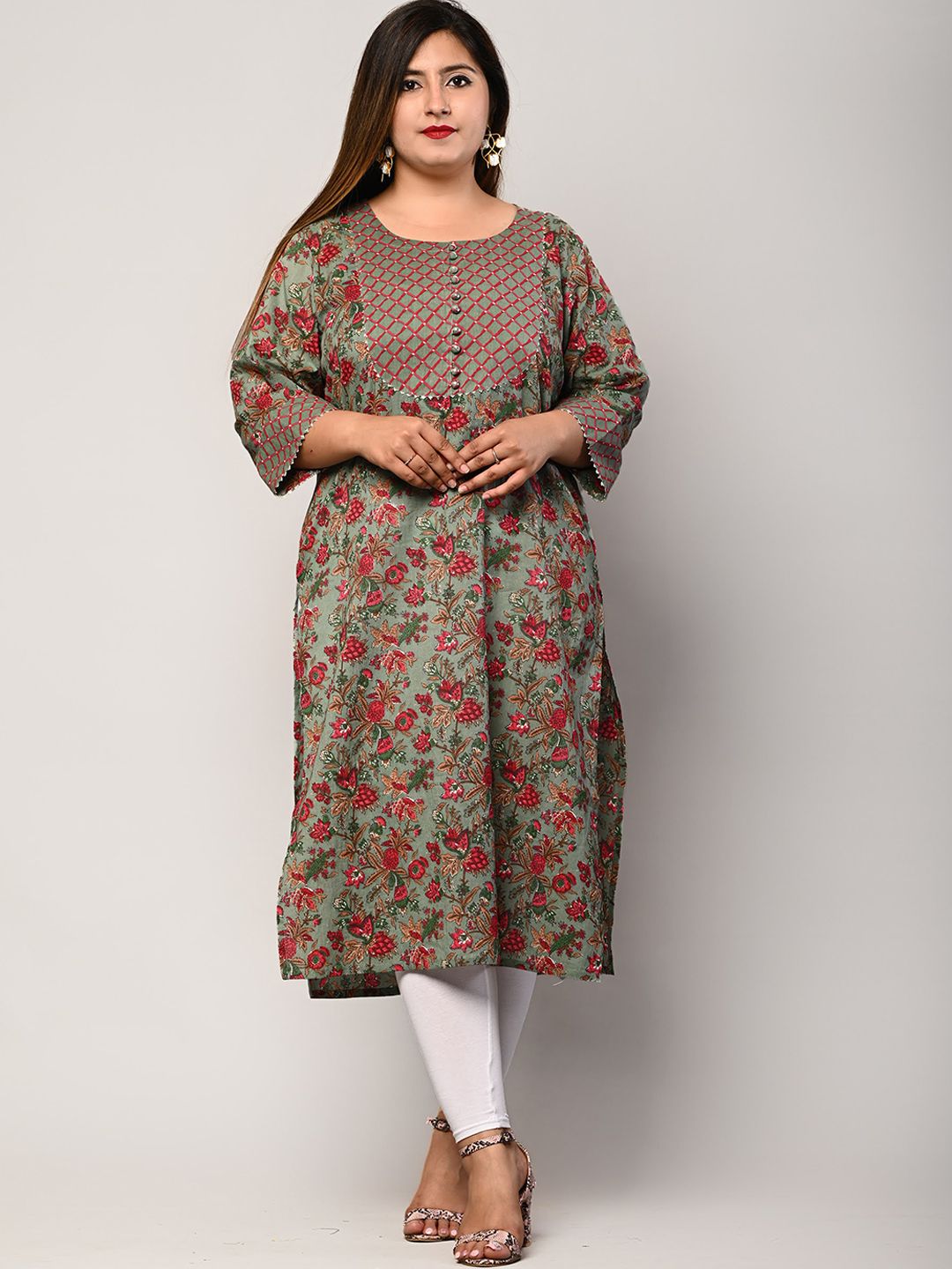 Swasti Women Green Floral Printed Flared Sleeves Floral Kurta - Distacart