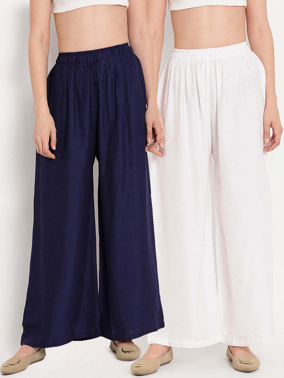 TAG 7 Women Pack Of 2 White & Navy Blue Solid Flared Palazzos - Distacart