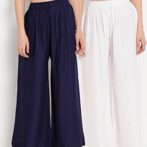 TAG 7 Women Pack Of 2 White & Navy Blue Solid Flared Palazzos - Distacart