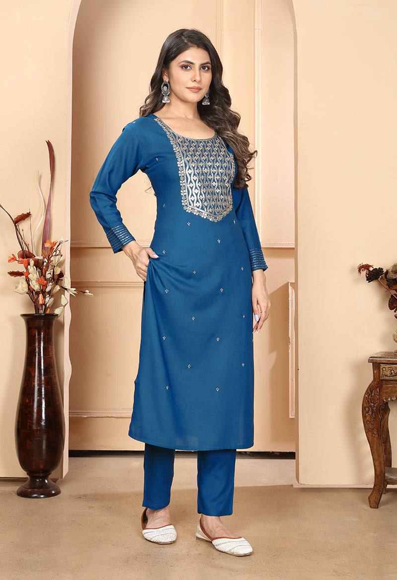 Monjolika Fashion Dark Blue Colour Rayon Embroidered Designer Long Kurti