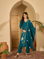 Thumbnail for Joban Fashion Teal Silk Embroidery Readymade Kurta Set - Distacart