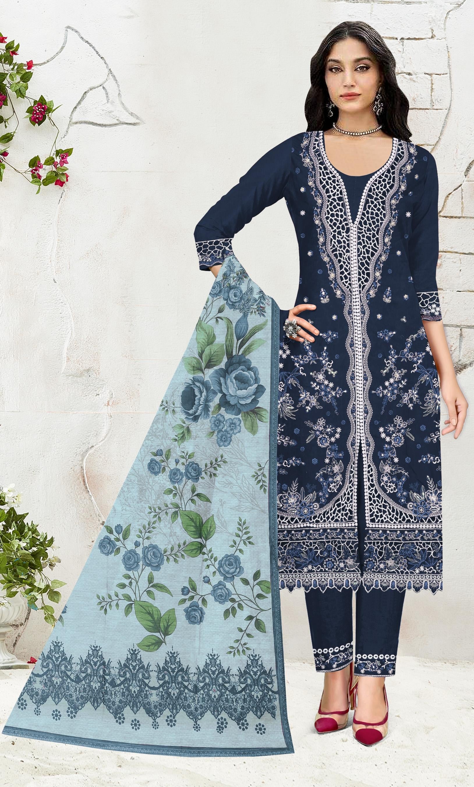 Anaita Navy Slub Cotton Suit with Embroidered Multi Work - Distacart