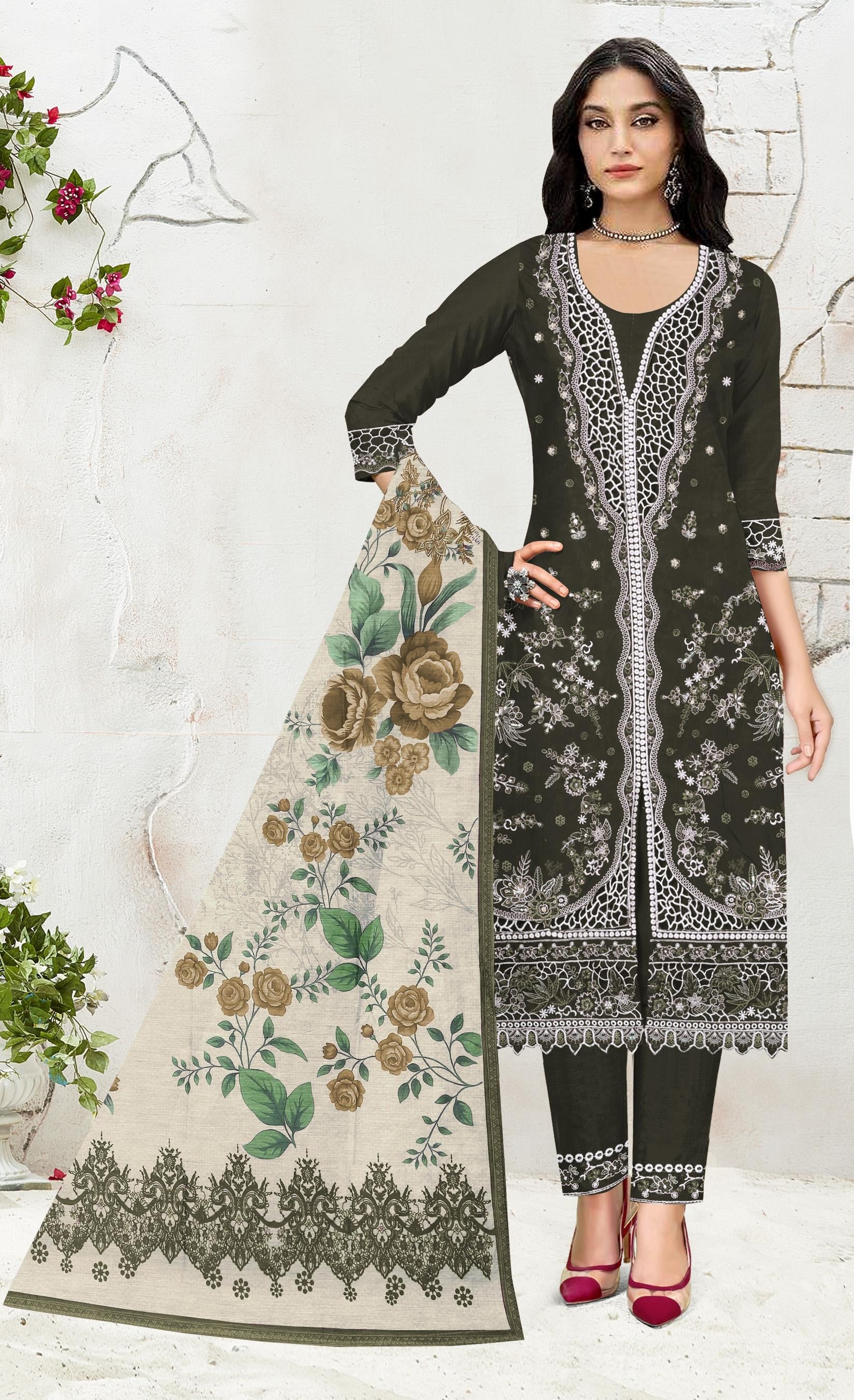 Anaita Mehndi Slub Cotton Suit with Embroidered Multi Work - Distacart