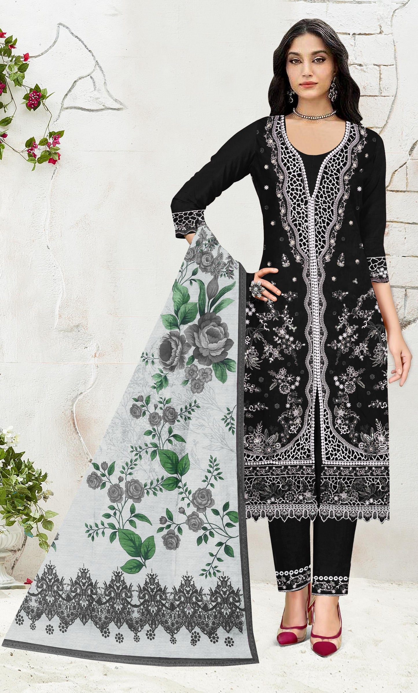 Anaita Black Slub Cotton Suit with Embroidered Multi Work - Distacart