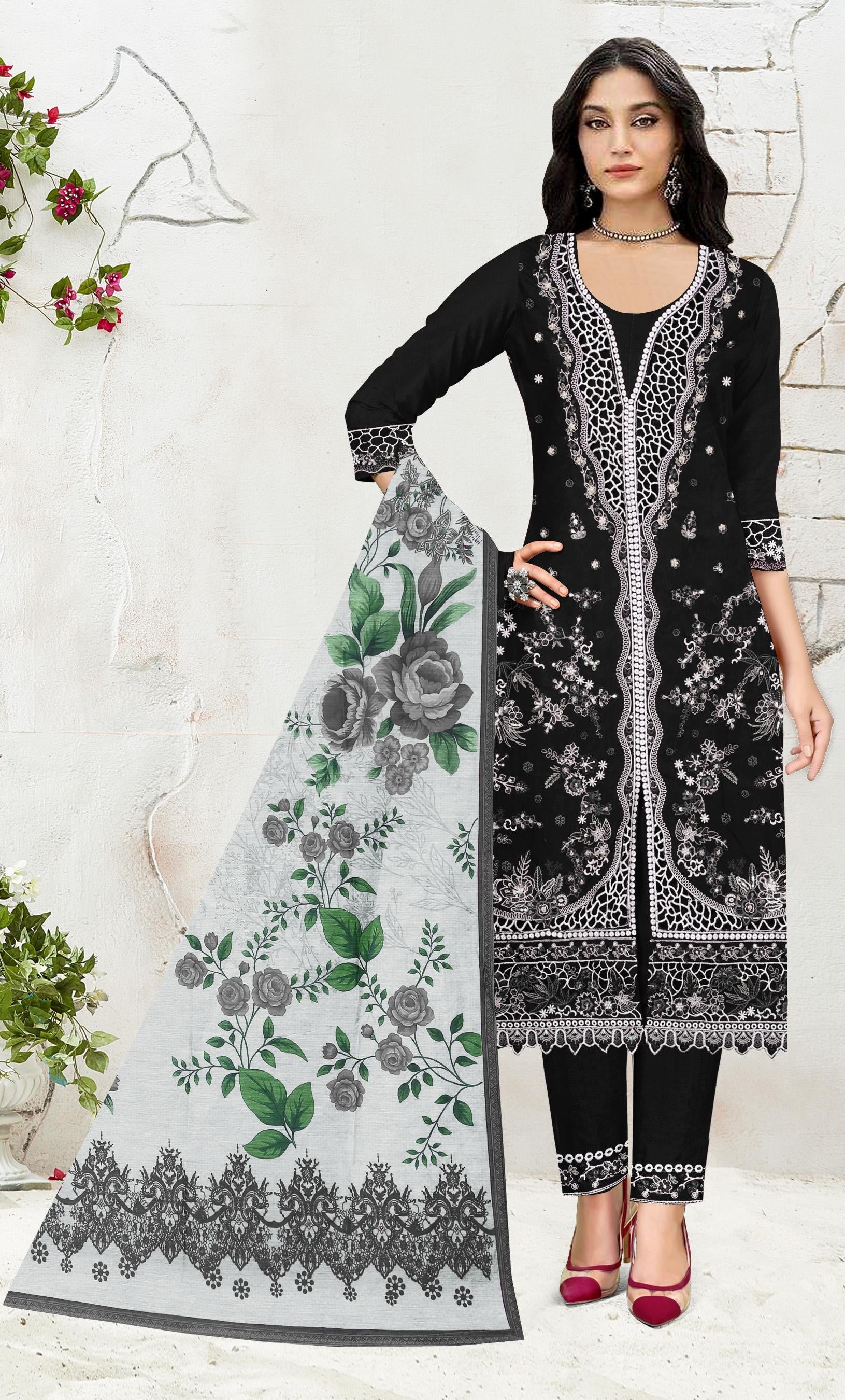 Anaita Black Slub Cotton Suit with Embroidered Multi Work - Distacart