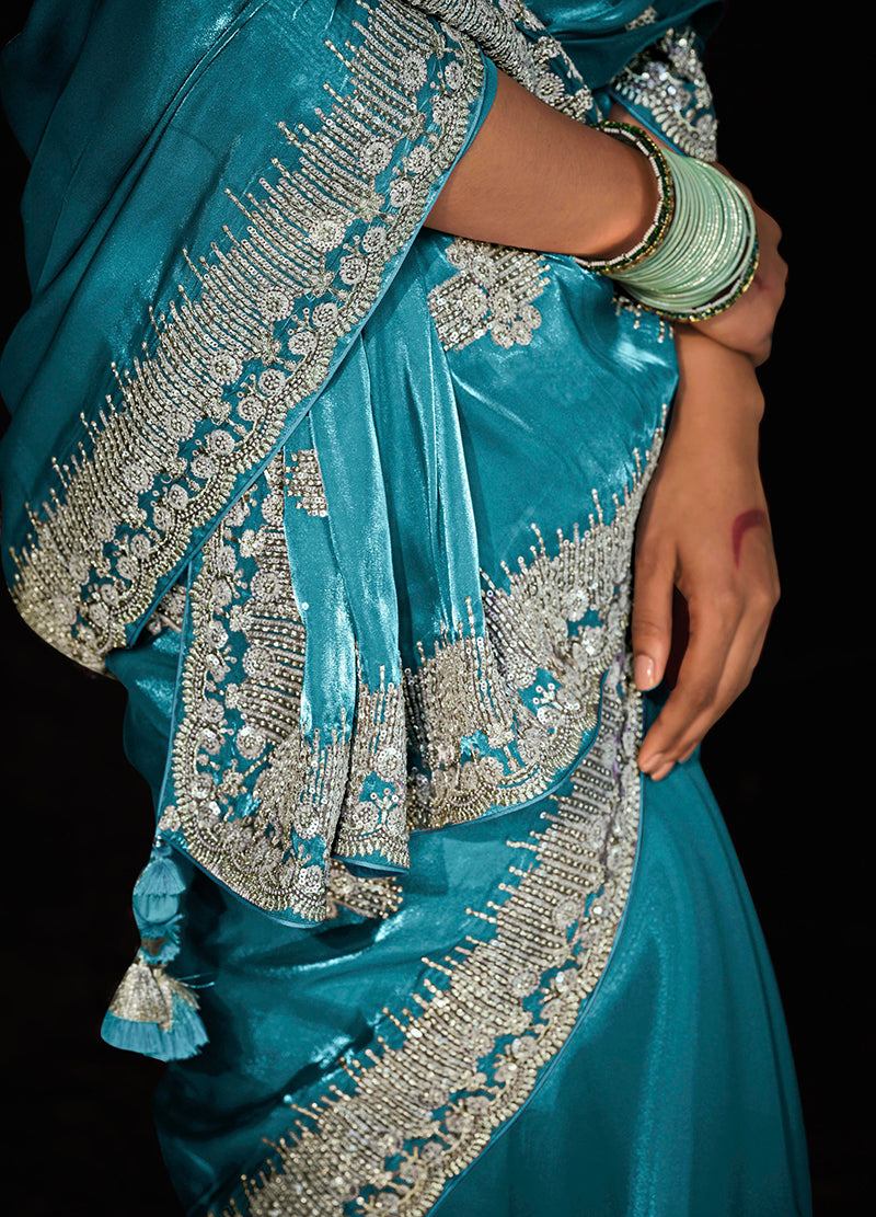 Monjolika Fashion Sky Blue Colour Tissue Silk Embroidered Saree - Distacart