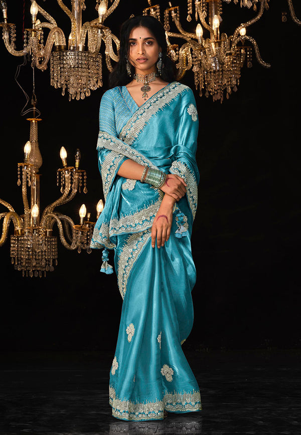 Monjolika Fashion Sky Blue Colour Tissue Silk Embroidered Saree
