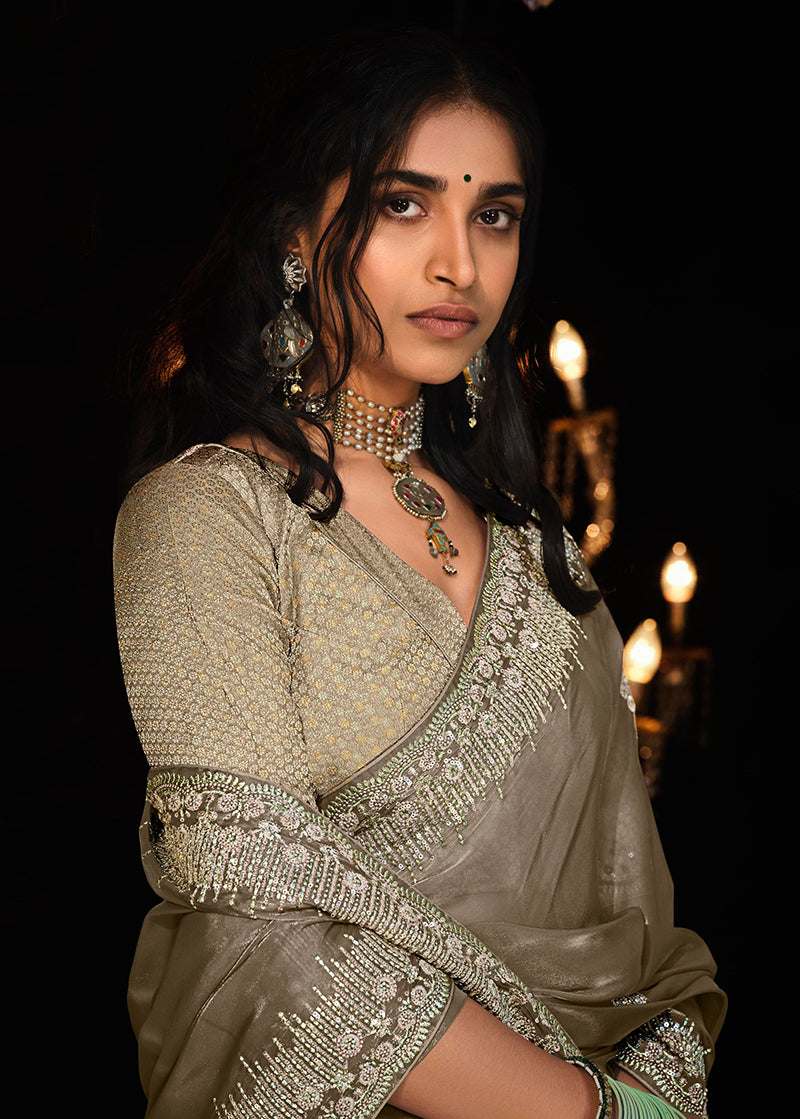 Monjolika Fashion Light Brown Colour Tissue Silk Embroidered Saree - Distacart