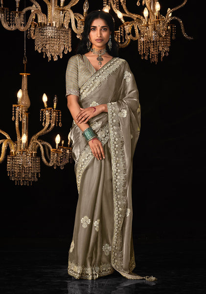 Monjolika Fashion Light Brown Colour Tissue Silk Embroidered Saree