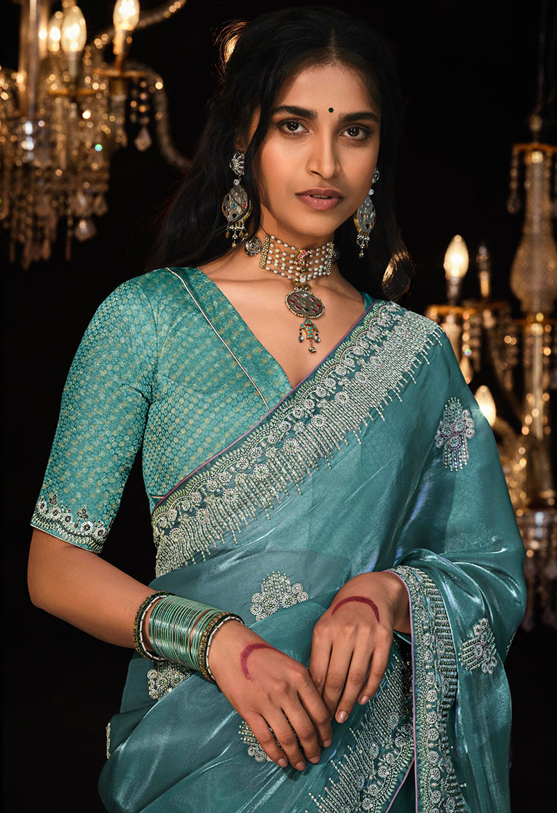 Monjolika Fashion Teal Blue Colour Tissue Silk Embroidered Saree - Distacart