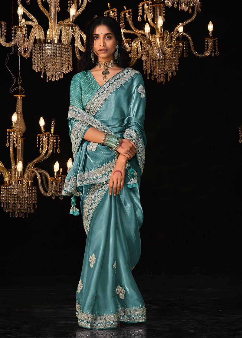 Monjolika Fashion Teal Blue Colour Tissue Silk Embroidered Saree - Distacart