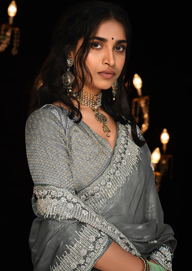 Monjolika Fashion Grey Colour Tissue Silk Embroidered Saree - Distacart