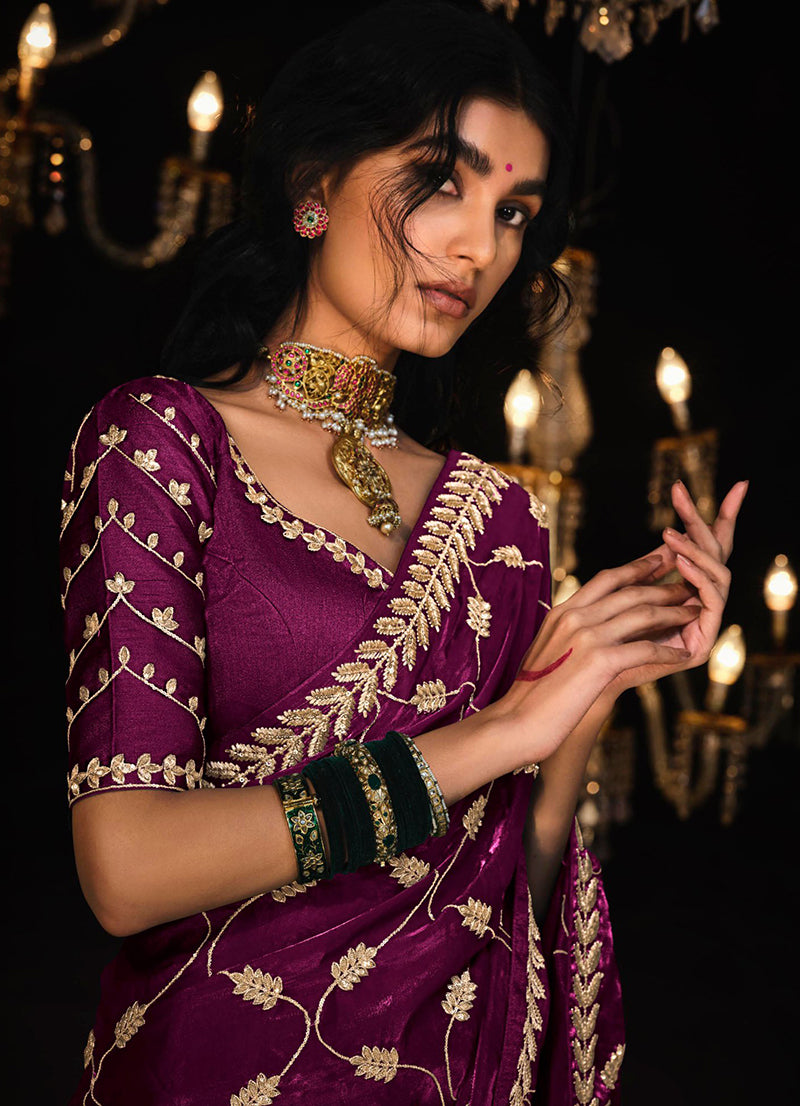 Monjolika Fashion Dark Purple Colour Tissue Silk Trendy Sarees For Women - Distacart