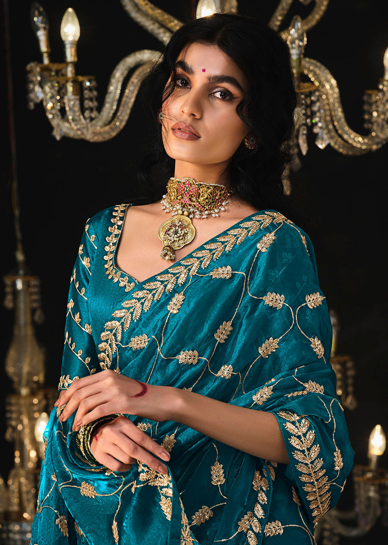 Monjolika Fashion Dark Blue Colour Tissue Silk Trendy Sarees For Women