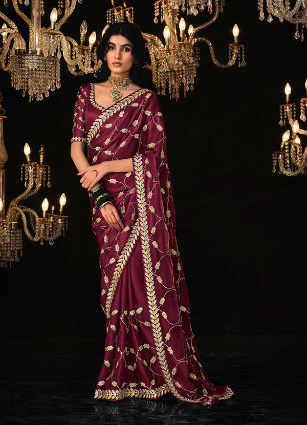 Monjolika Fashion Wine Colour Tissue Silk Trendy Sarees For Women
