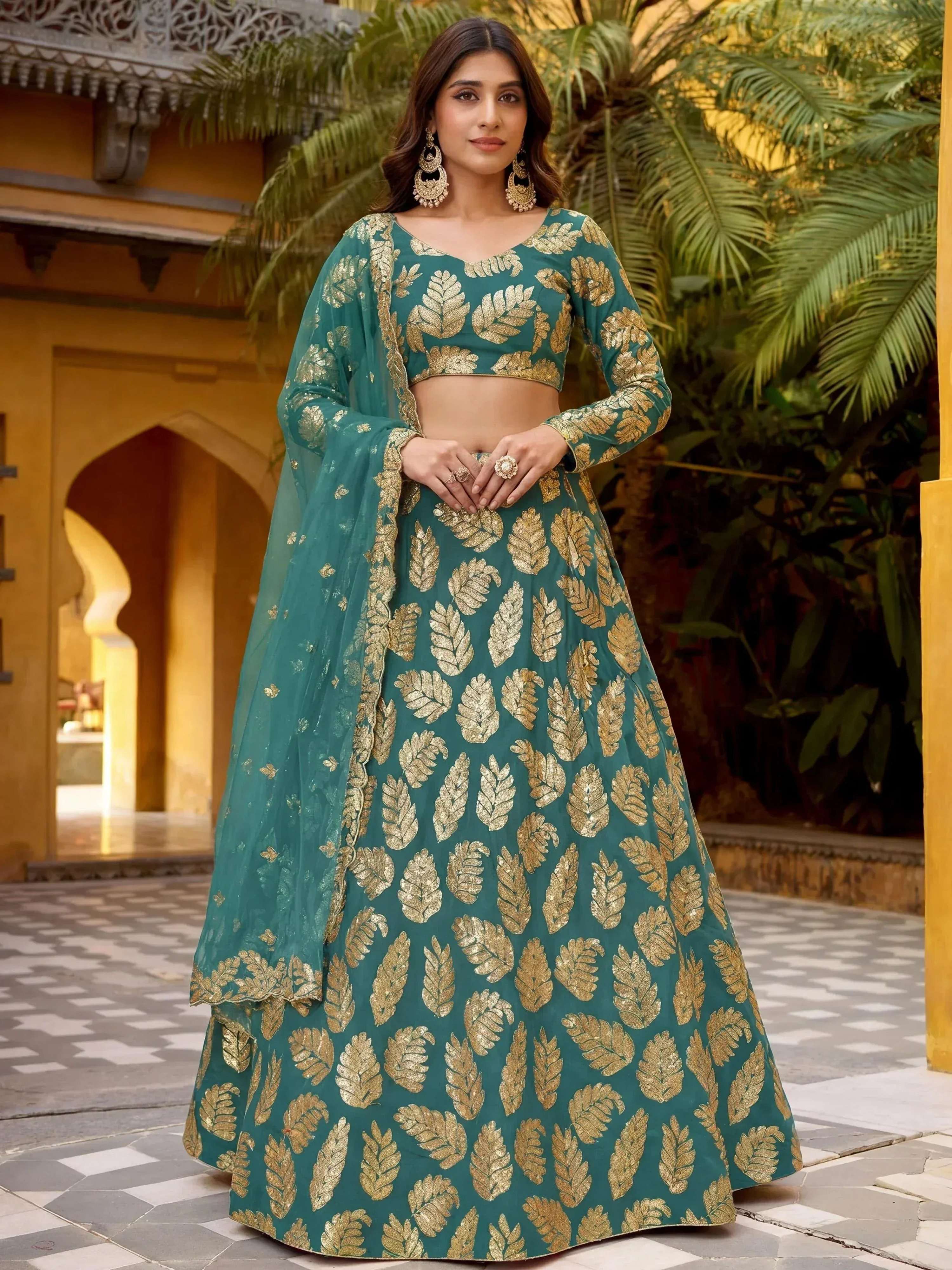 Tulsi Art Enchanting Green Embroidered Georgette Wedding Wear Lehenga Choli - Dista