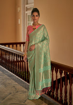 Thumbnail for Monjolika Fashion Sea Green Colour Weaving Nylon Silk Saree - Distacart