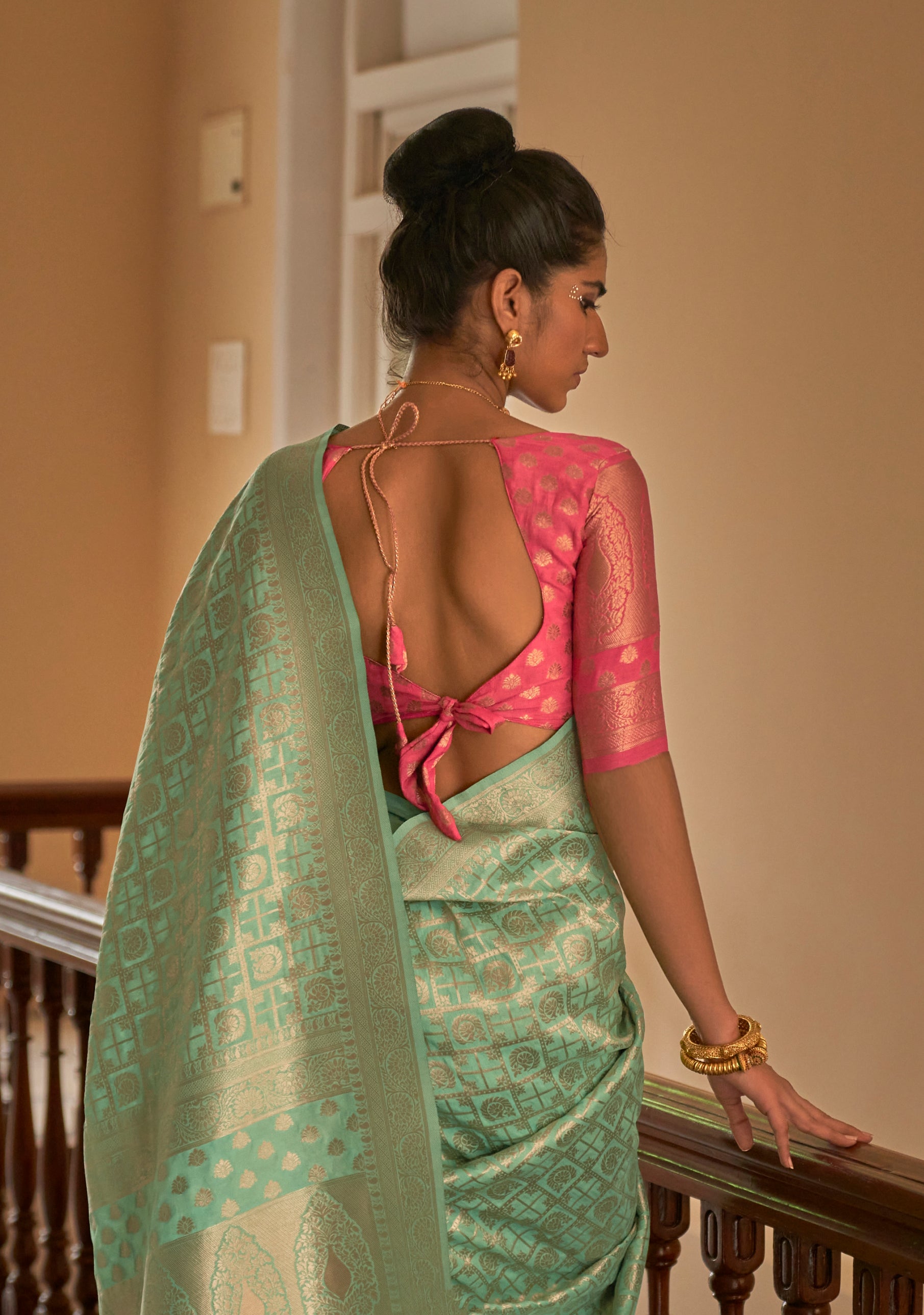 Monjolika Fashion Sea Green Colour Weaving Nylon Silk Saree - Distacart