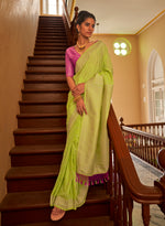 Thumbnail for Monjolika Fashion Lime Colour Weaving Nylon Silk Saree - Distacart