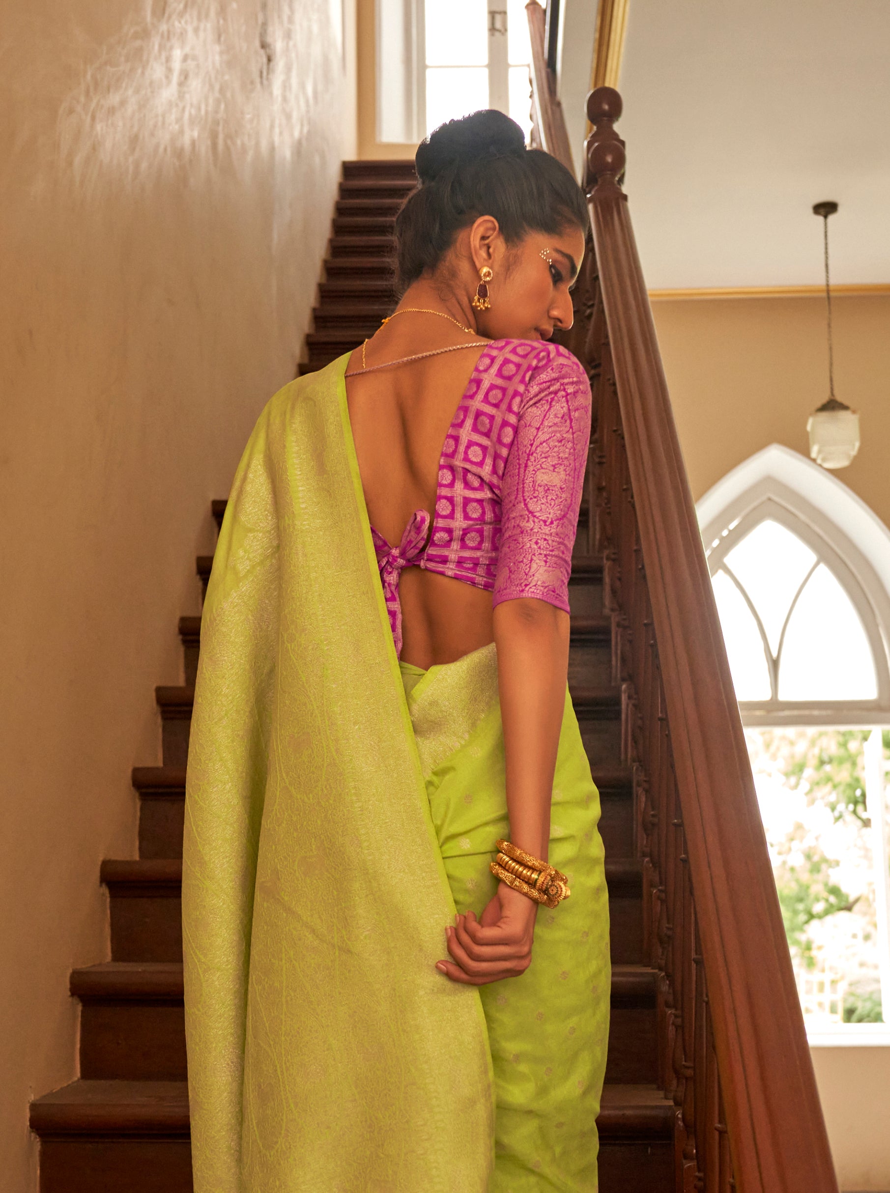 Monjolika Fashion Lime Colour Weaving Nylon Silk Saree - Distacart