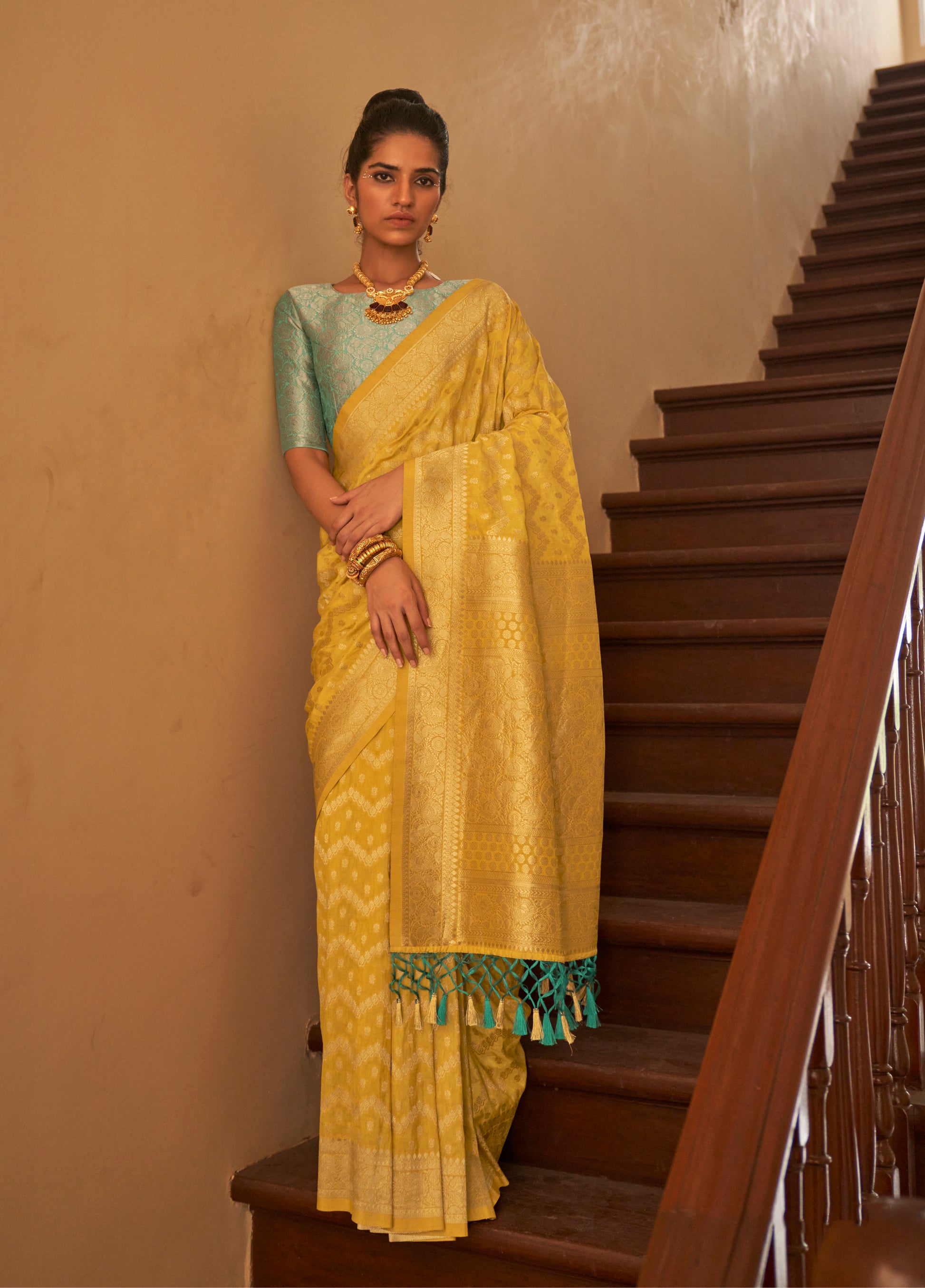 Monjolika Fashion Yellow Colour Weaving Nylon Silk Saree - Distacart