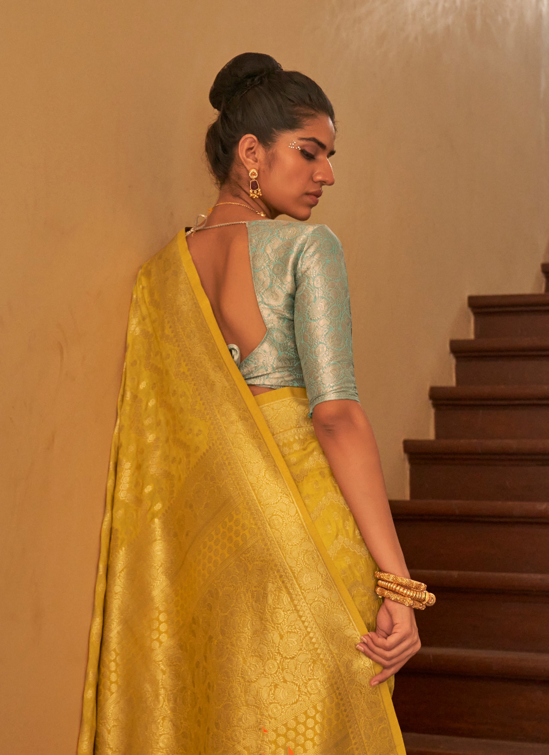 Monjolika Fashion Yellow Colour Weaving Nylon Silk Saree - Distacart