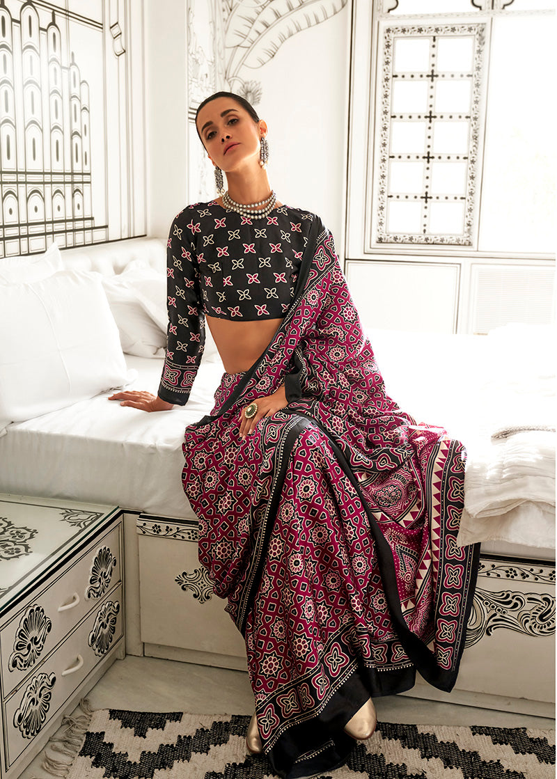 Monjolika Fashion Maroon Colour Satin Crepe Printed Lightwear Sarees