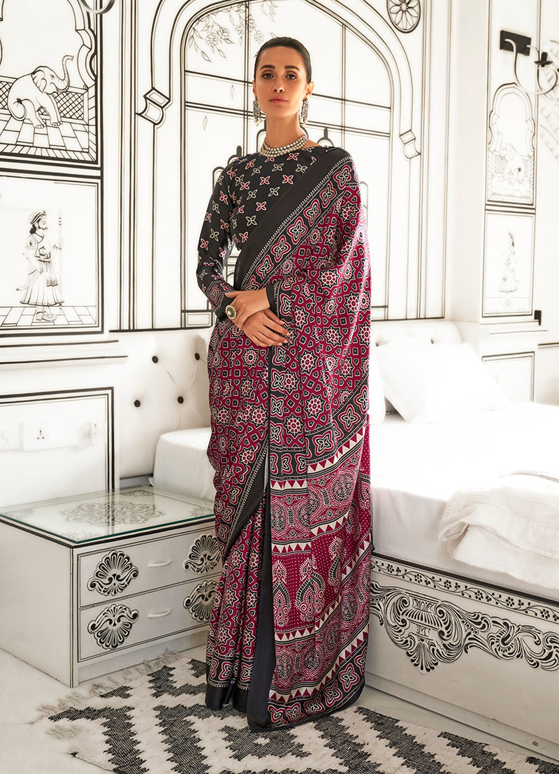 Monjolika Fashion Maroon Colour Satin Crepe Printed Lightwear Sarees