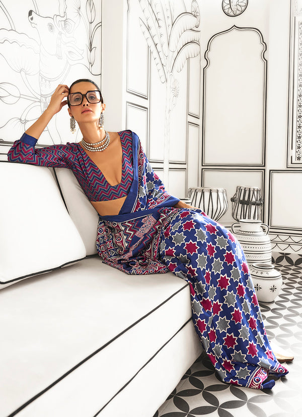 Monjolika Fashion Navy Blue Colour Satin Crepe Printed Lightwear Sarees