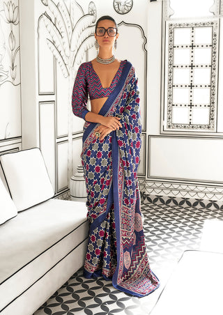 Monjolika Fashion Navy Blue Colour Satin Crepe Printed Lightwear Sarees
