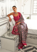 Thumbnail for Monjolika Fashion Black & Maroon Colour Satin Crepe Printed Lightwear Sarees