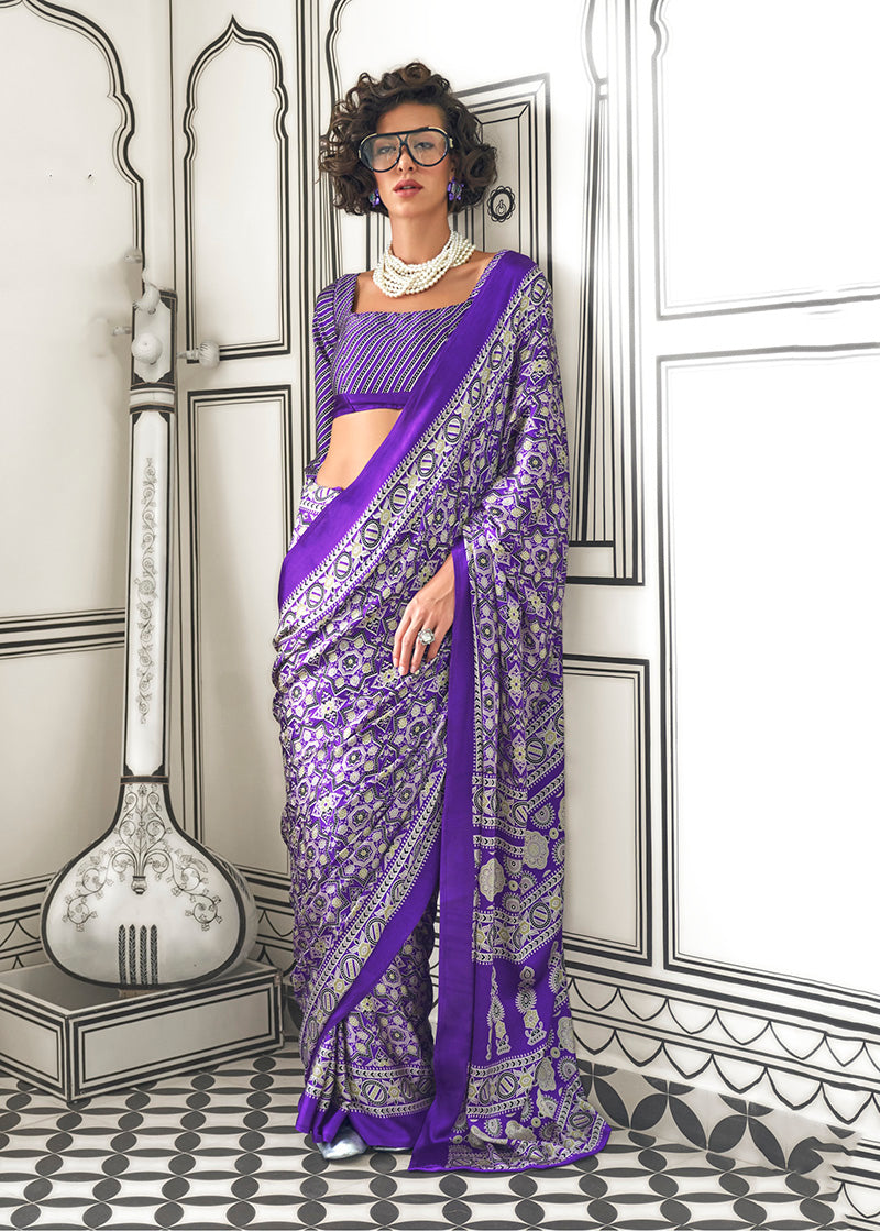 Monjolika Fashion Royal Blue Colour Satin Crepe Printed Lightwear Sarees