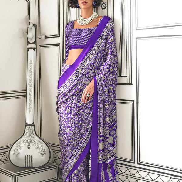 Monjolika Fashion Royal Blue Colour Satin Crepe Printed Lightwear Sarees - Distacart