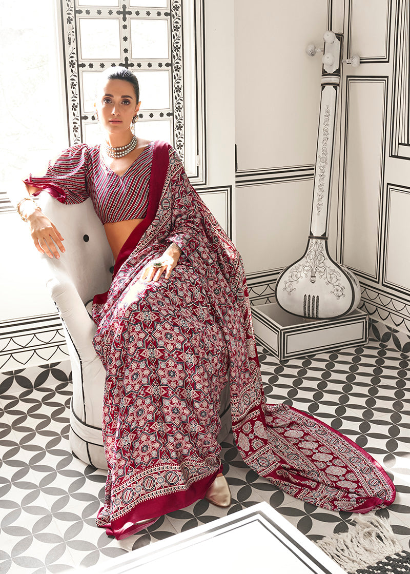 Monjolika Fashion Wine Colour Satin Crepe Printed Lightwear Sarees