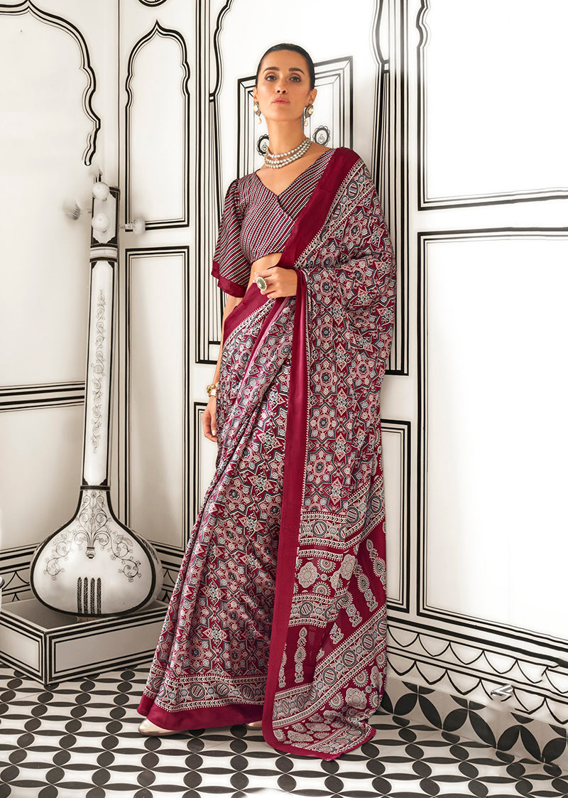 Monjolika Fashion Wine Colour Satin Crepe Printed Lightwear Sarees