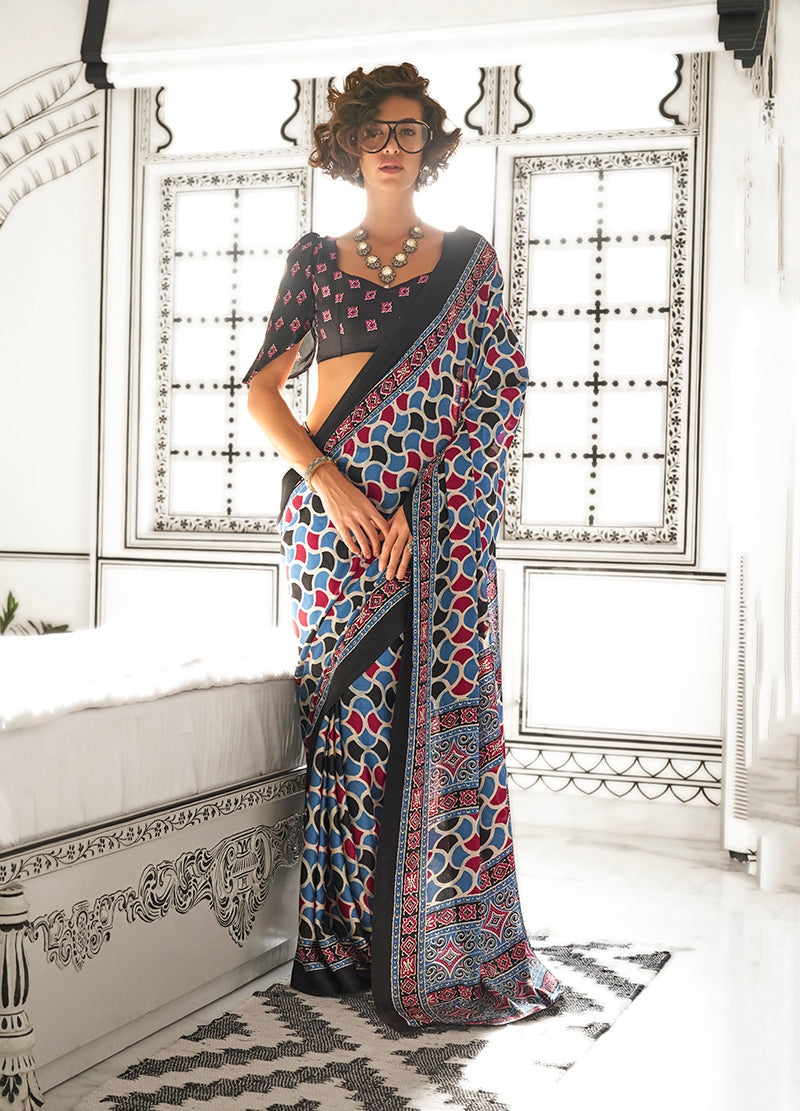 Monjolika Fashion Multi Colour Satin Crepe Printed Lightwear Sarees