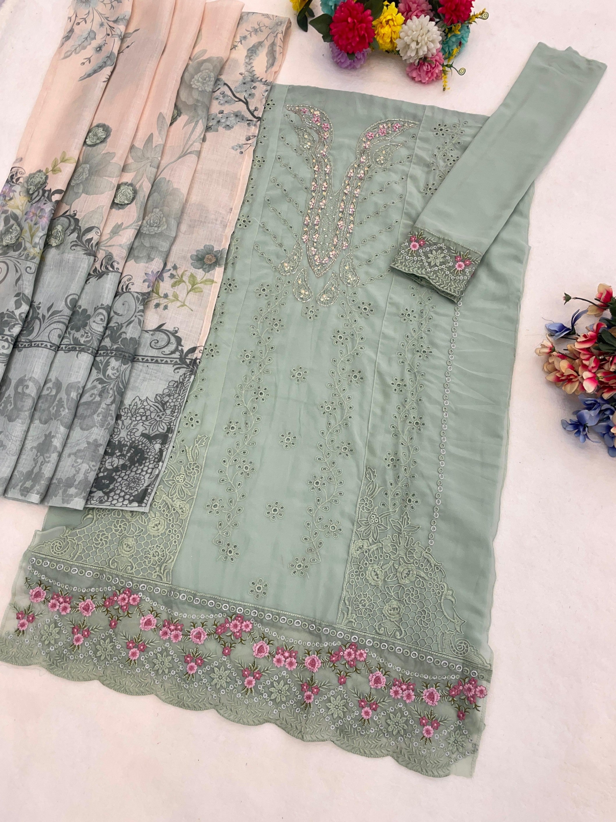 Anaita Sky Faux Georgette Suit With Embroidery Work - Dista