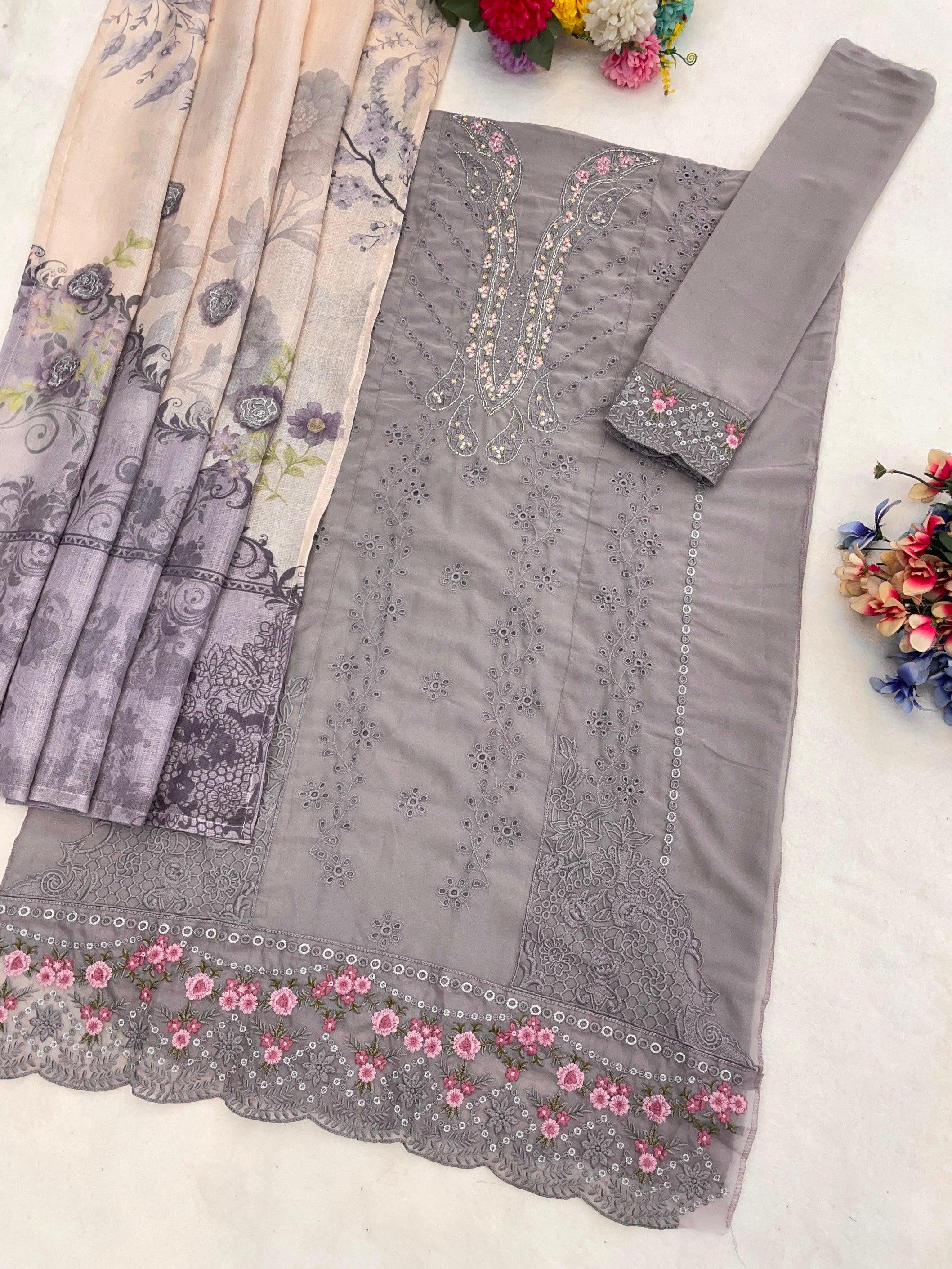 Anaita Grey Faux Georgette Suit With Embroidery Work - Dista