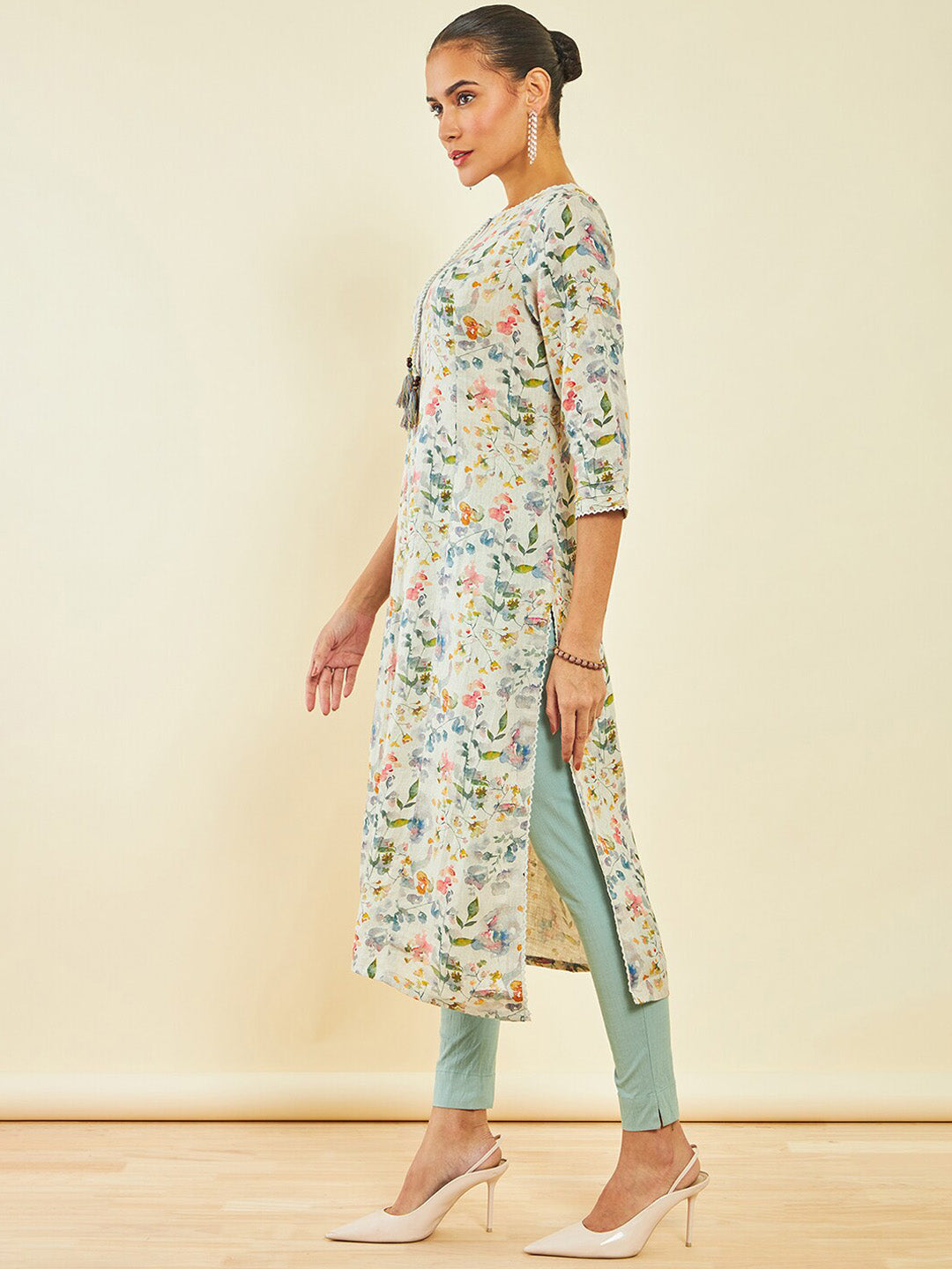 Soch Floral Printed Linen Straight Kurta - Distacart