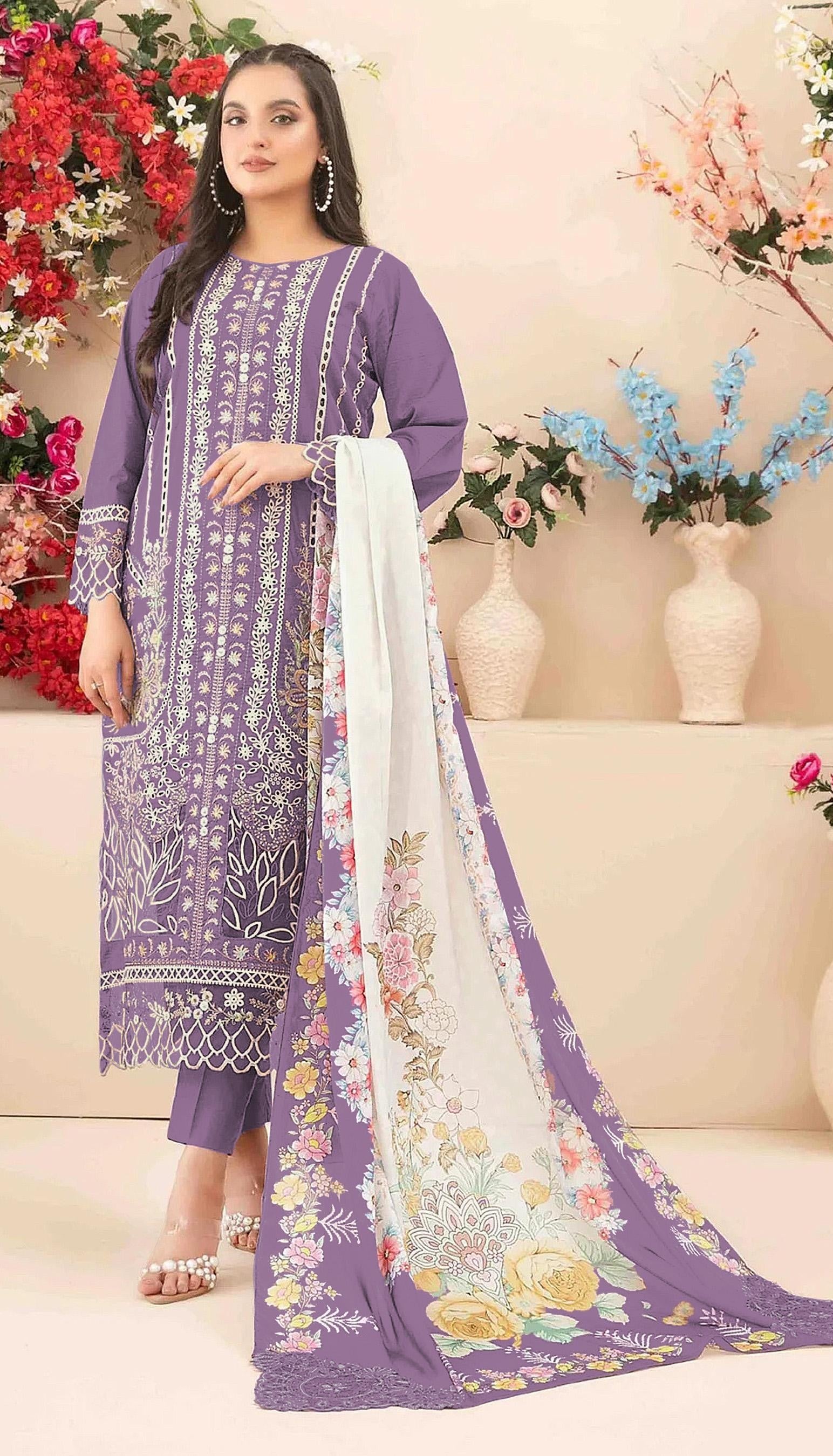 Anaita Purple Cambric Cotton Suit with Embroidery & Khatli Work - Distacart