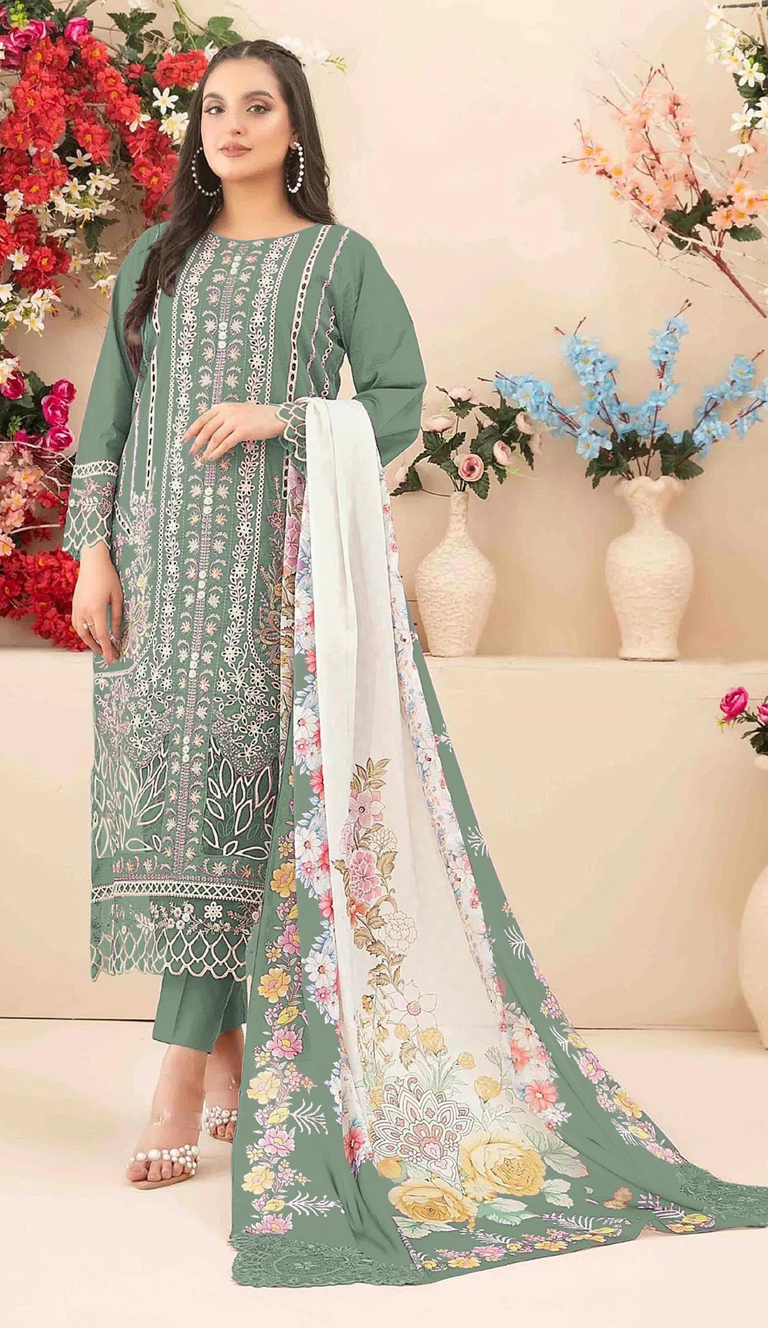 Anaita Sea Green Cambric Cotton Suit with Embroidery & Khatli Work - Distacart