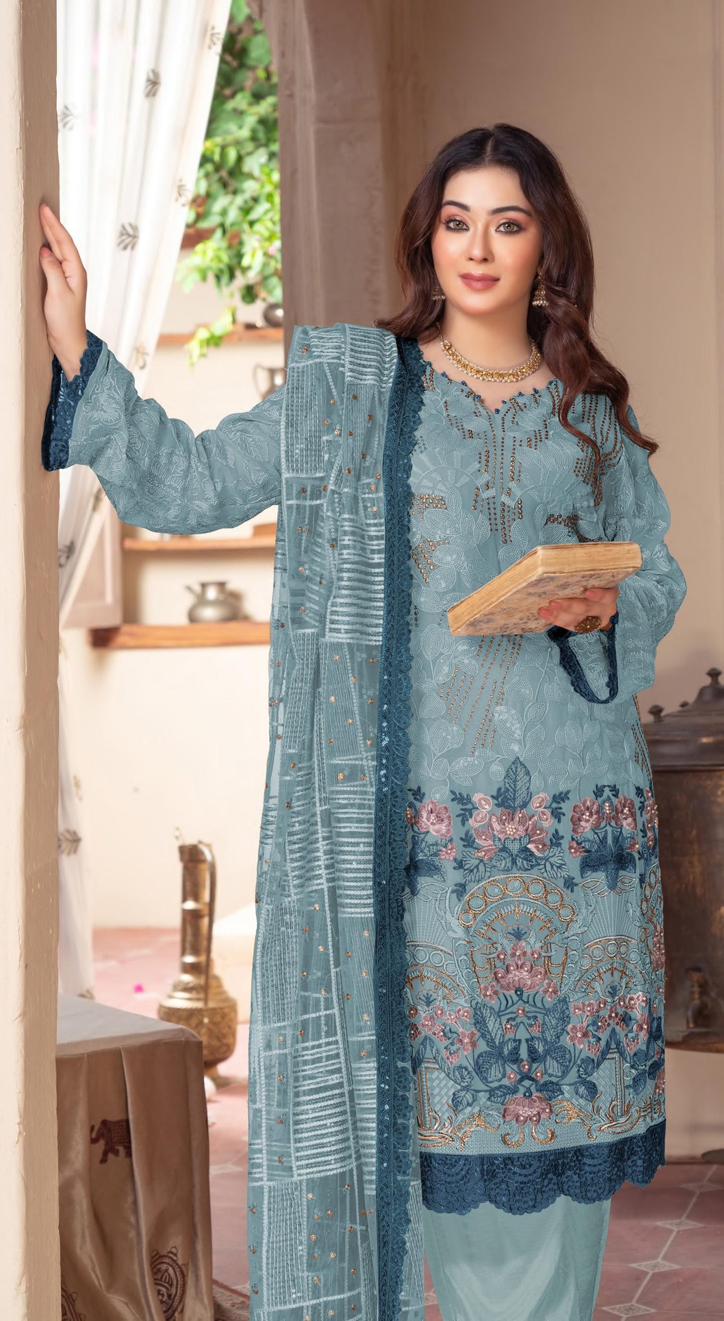 Anaita Blue Chiffon Suit with Embroidery & Sequence Work - Distacart
