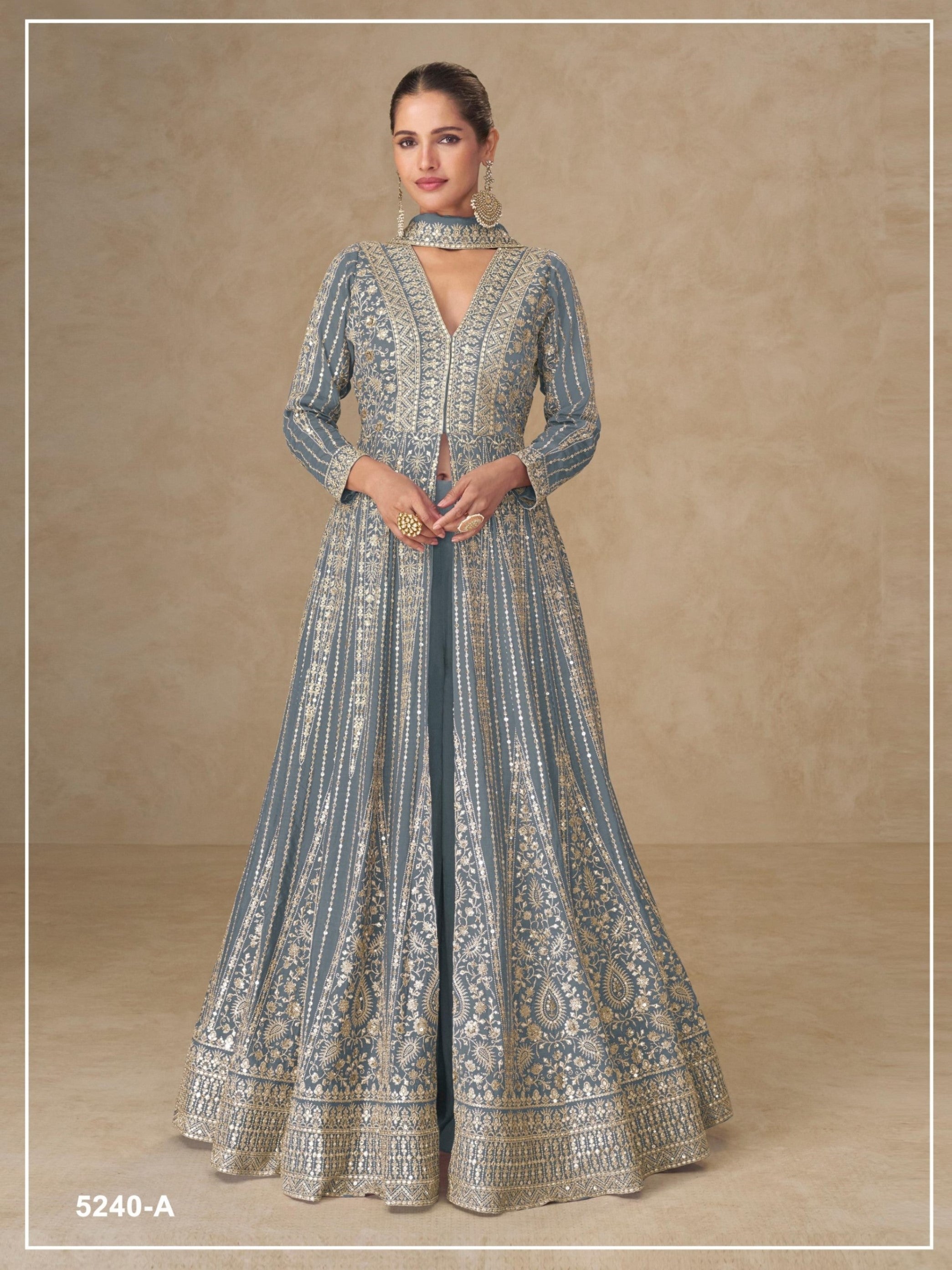 Anaita Grey Chinon Stitched Anarkali Suits With Embroidery & Sequence Work - Distacart