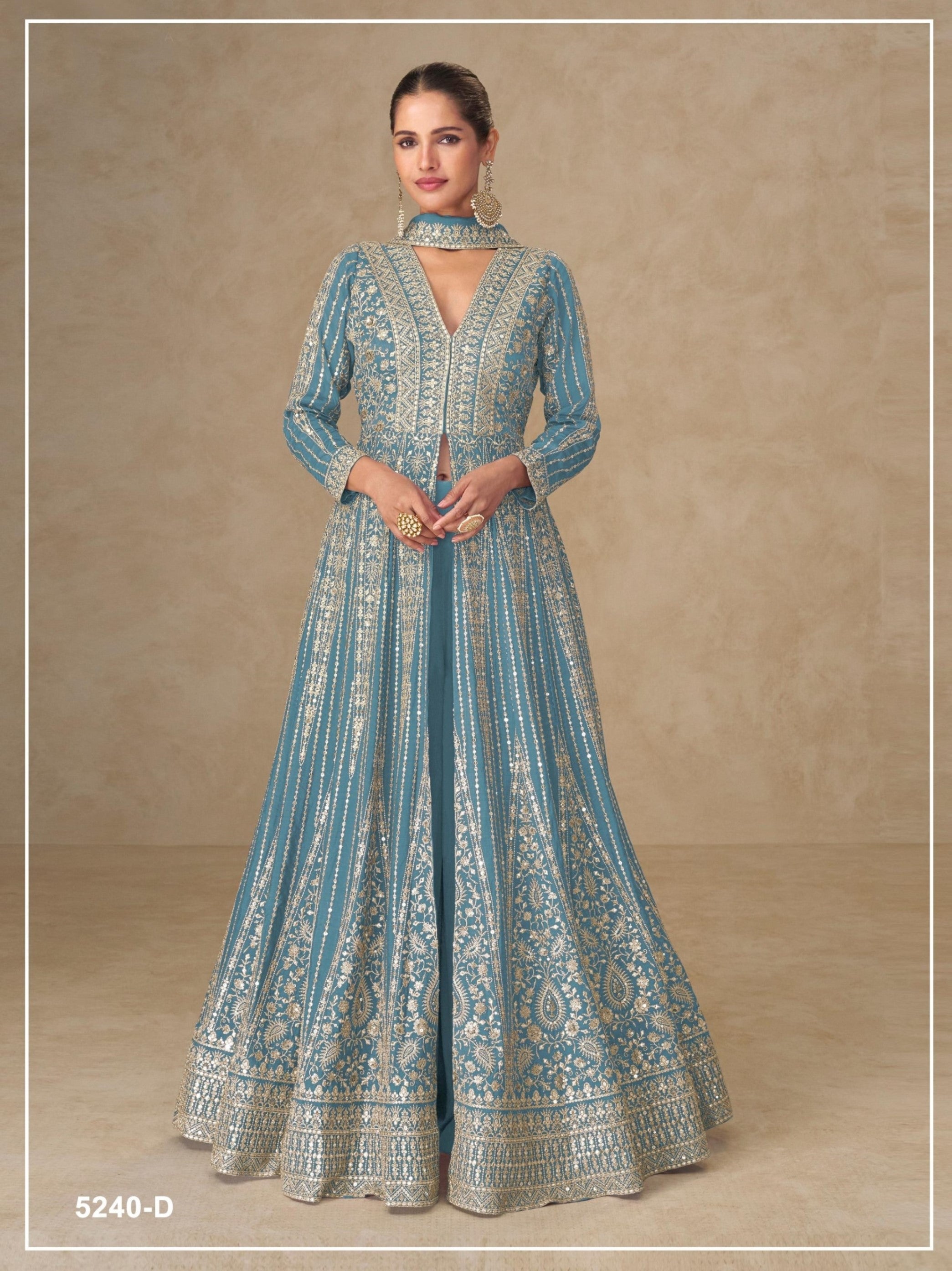 Anaita Blue Chinon Stitched Anarkali Suits With Embroidery & Sequence Work - Distacart