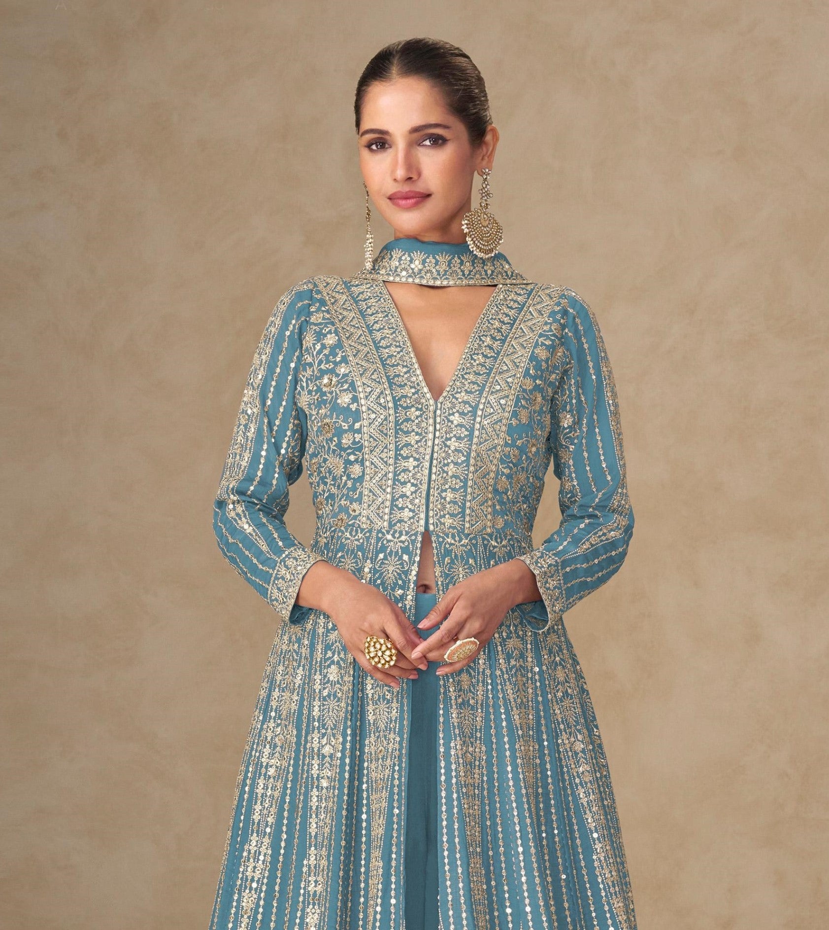 Anaita Blue Chinon Stitched Anarkali Suits With Embroidery & Sequence Work - Distacart