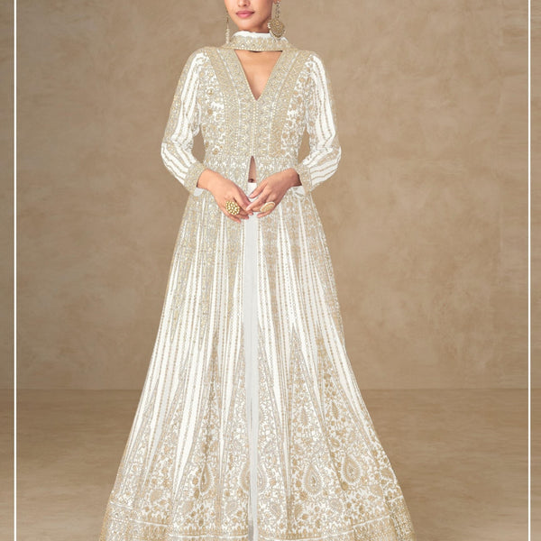 Anaita White Chinon Stitched Anarkali Suits With Embroidery & Sequence Work - Distacart