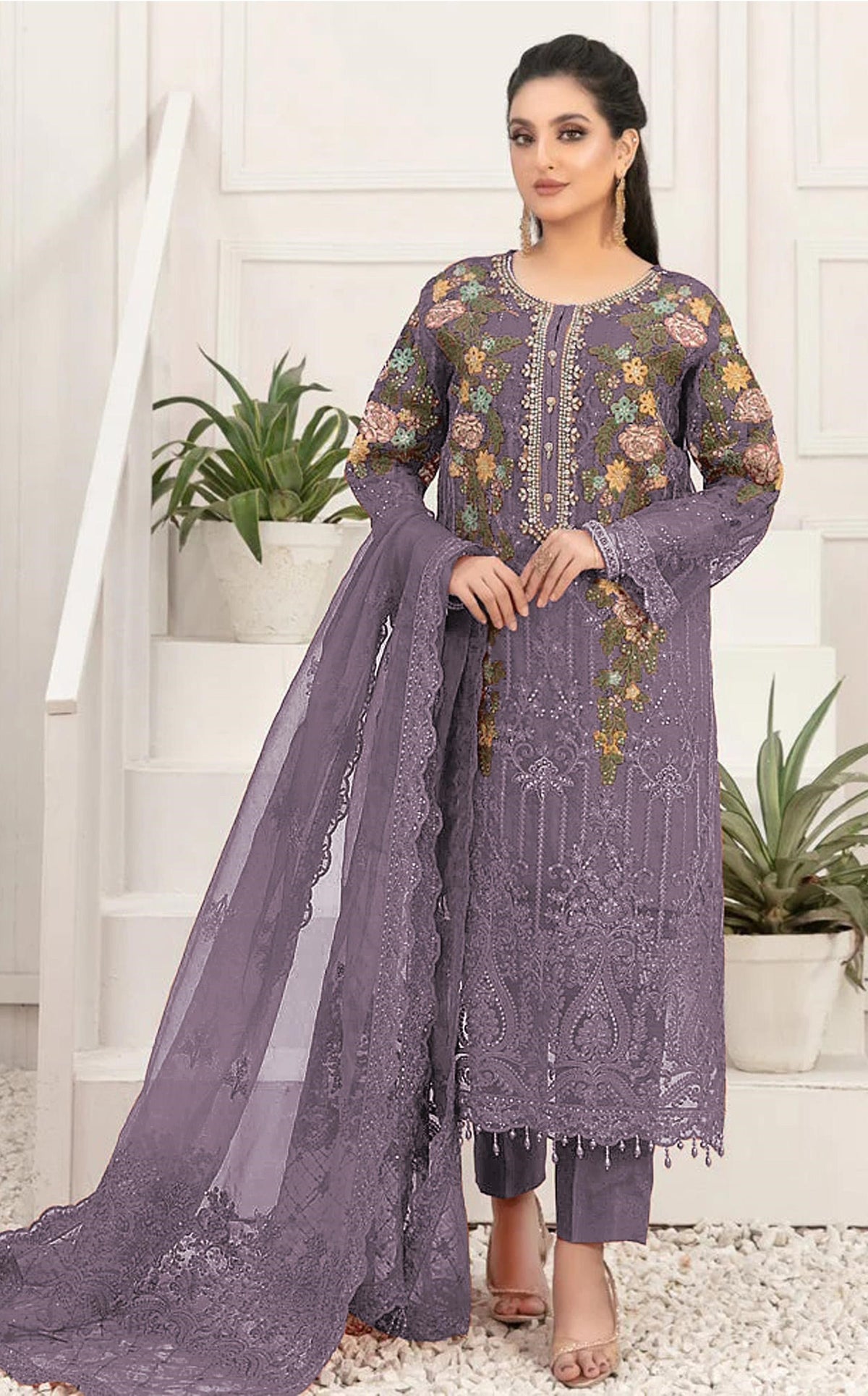 Anaita D Lavender Silk Semi Stitched Suit with Embroidery & Sequence Work - Dista