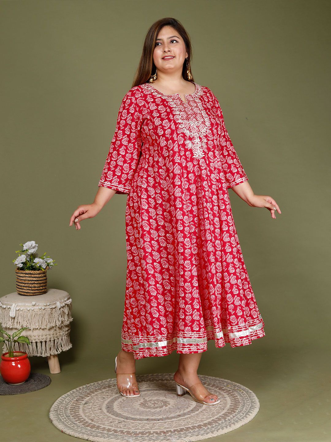 Swasti Plus Size Floral Printed Three-Quarter Sleeves Cotton Ethnic Dress