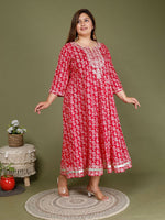 Thumbnail for Swasti Plus Size Floral Printed Three-Quarter Sleeves Cotton Ethnic Dress
